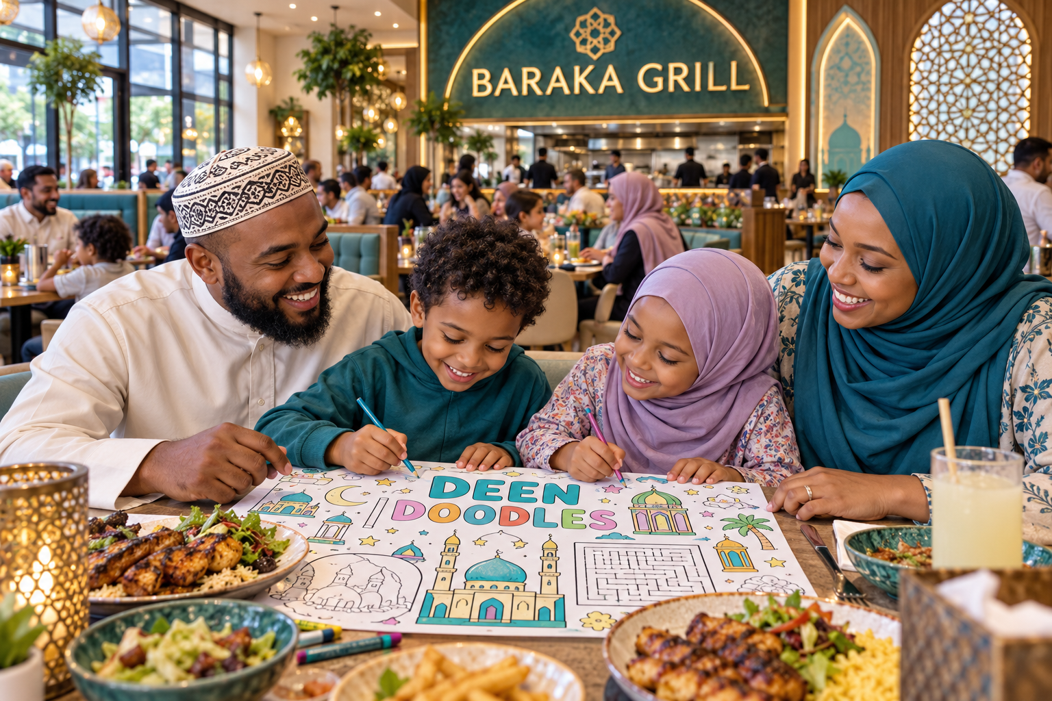 Concept showing a family using Deen Doodles at the fictional Baraka Grill franchise
