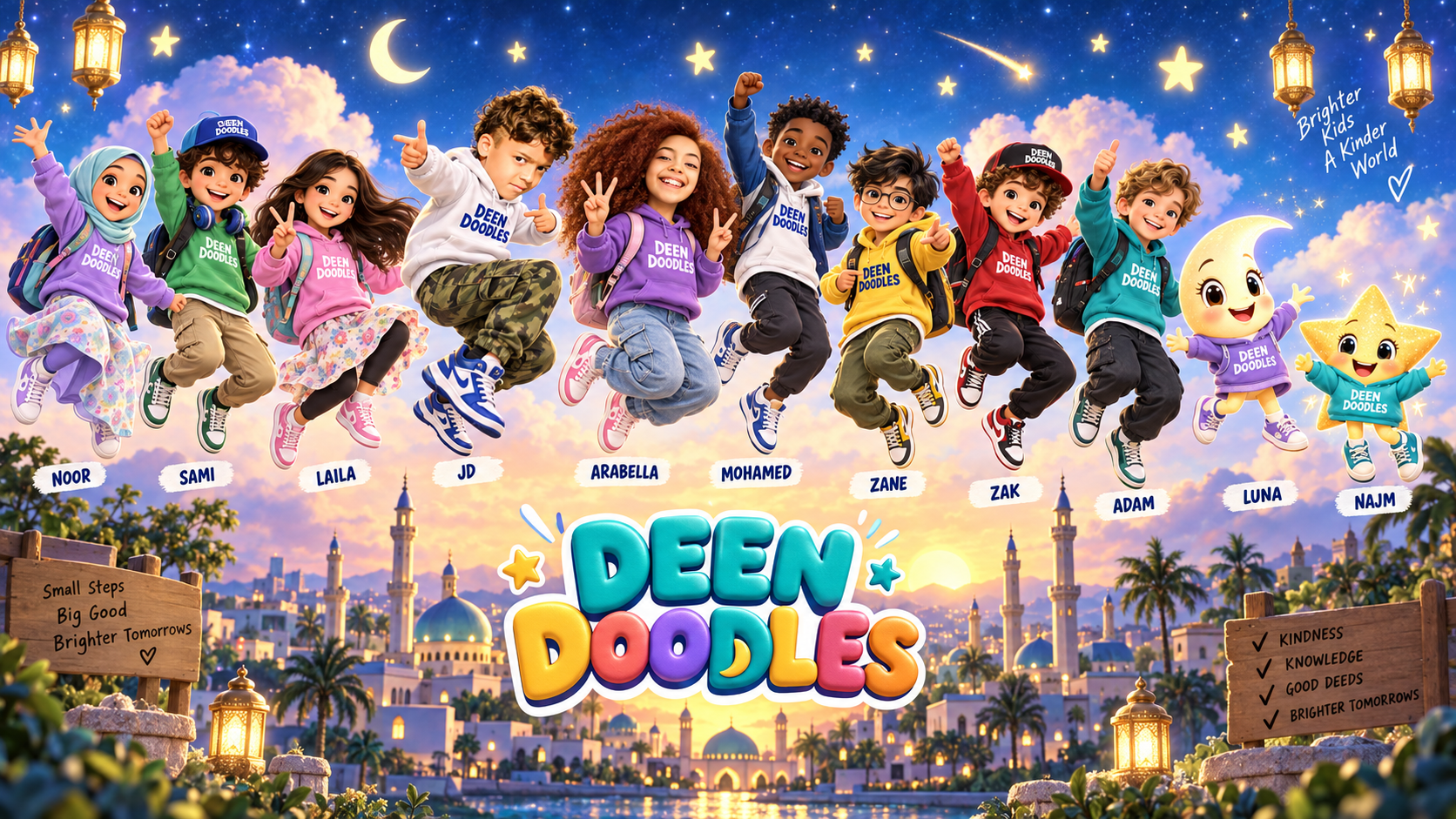 The Deen Doodles characters Noor, Sami, Laila, JD, Arabella, Mohamed, Zane, Zak, Adam, Luna and Najm jumping happily