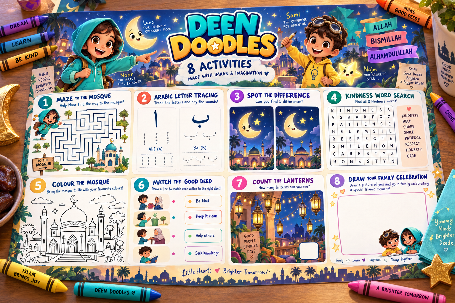 Premium Deen Doodles sheet featuring eight Islamic learning activities